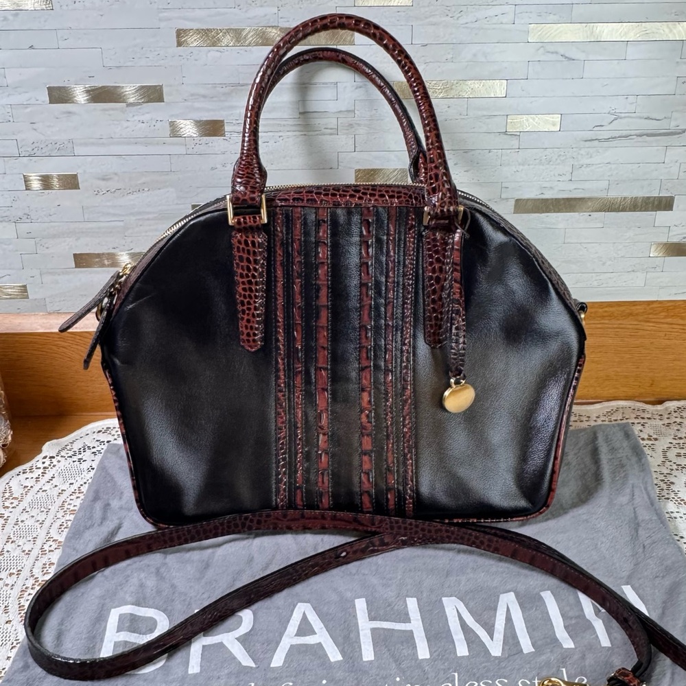 Brahmin Camden Black Satchel With Brown Croc Leather Detail